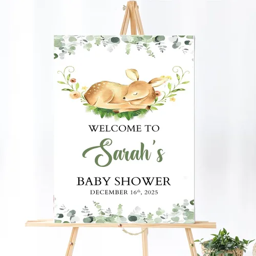 Vista 3 de Letrero de bienvenida personalizado de ciervo dorado para baby shower, decoración temática de bosque, decoración de fiesta de bebé, letrero
