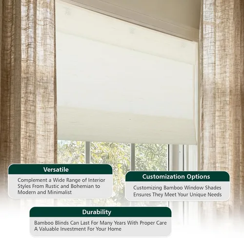 Vista 2 de Bamboo Cordless Roman Shades, Blackout Bamboo Blinds for Windows Block UV Rays, Ceiling/Inside/Outside/Door Mount, With Valance, Privacy Liner
