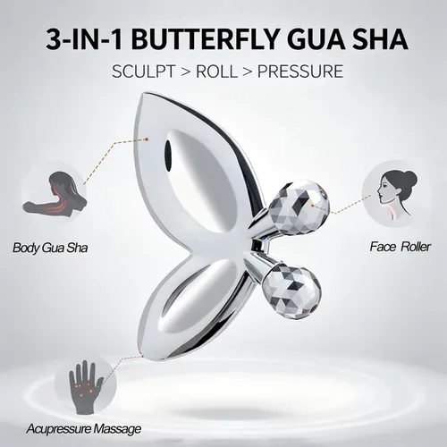 Vista 2 de Herramientas faciales Gua Sha de acero inoxidable, rodillo facial de mariposa 3D para mujeres, herramienta de guasha 2 en 1 para apretar la piel