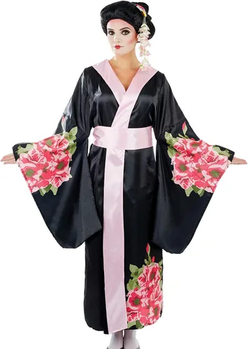Vista 2 de Disfraz de geisha para mujer, traje de kimono negro floral