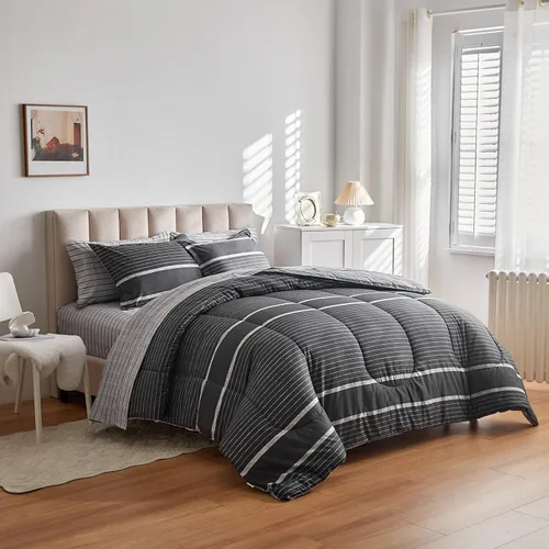 Vista 7 de Flysheep Juego de edredón de 3 piezas de estilo bohemio a rayas tamaño individual para niños, juego de ropa de cama reversible de microfibra suave a