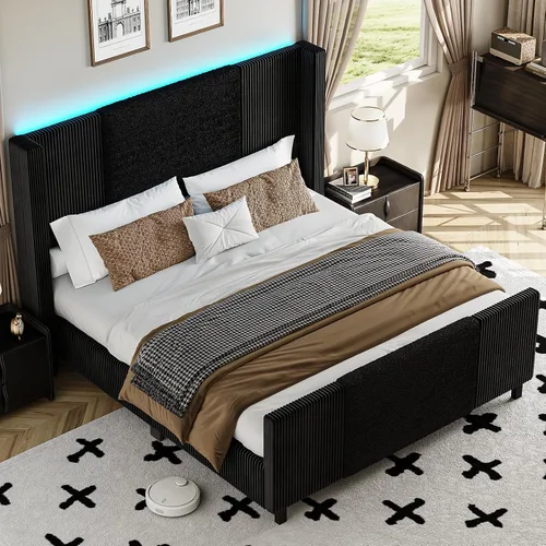 Vista 8 de Lihimte Marco de cama tamaño Queen con cabecera alta y estribo, marco de cama tapizado en bouclé y corduroy con luces LED, marco de cama de Negro