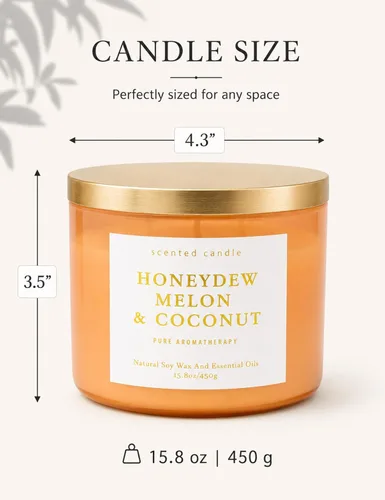 Vista 6 de Honeydew - Vela perfumada de soja grande de 3 mechas de melón y coco para el hogar, 15.8 onzas Fresh Melon Home Fragrance, Juicy And Creamy Scent