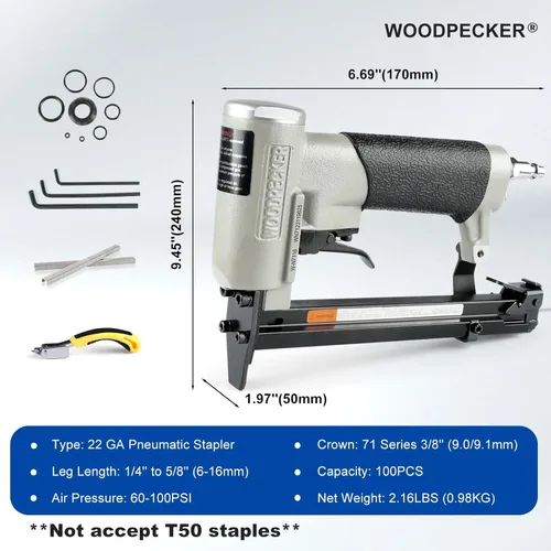 Vista 6 de WOODPECKER Pistola grapadora de tapicería N7116 para decoración Calibre 22, corona de 3/8 pulgadas, pistola de grapas neumática para muebles