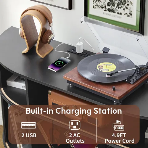 Vista 4 de Soporte grande para tocadiscos, gabinete de almacenamiento de discos de vinilo de madera de 55 pulgadas con estación de carga y puertos USB, mesa