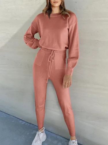 Vista 2 de ANRABESS - Conjunto de dos piezas para mujer, conjunto de suéter de manga larga sin botones y pantalones con cordón