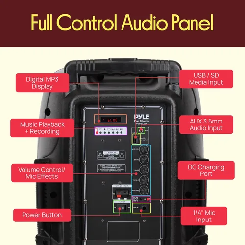 Vista 7 de Altavoz PA Bluetooth portátil de 1200 W, subwoofer de 12 pulgadas, luces indicadoras de batería LED con batería recargable incorporada, lector