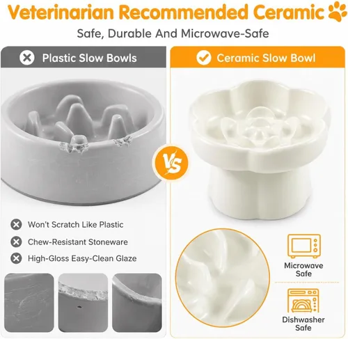 Vista 6 de Cuencos de alimentación para mascotas, cuenco elevado de cerámica para perros, cuenco elevado inclinado en 10° con diseño de flores, base Blanco