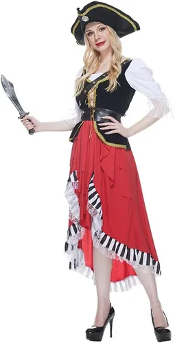 Vista 4 de Disfraz de capitán pirata medieval para mujer, vestido de cosplay de bucanero, disfraz de Halloween para mujer, 4 piezas
