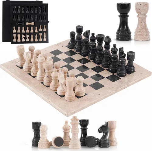 Vista 7 de Juego de ajedrez de mármol para adultos de 12 pulgadas, hecho a mano, juegos de ajedrez negro y travertino con caja de almacenamiento, juego
