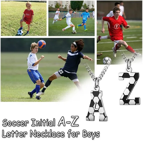 Vista 5 de AIAINAGI Collar con inicial de fútbol A-Z para niños, dije de acero inoxidable, cadena de plata de 22 pulgadas, regalo de fútbol personalizado
