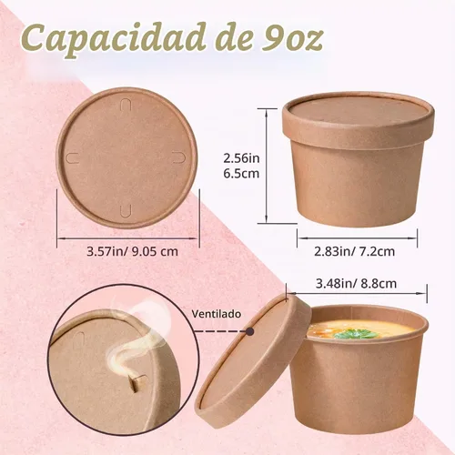 Vista 4 de MATICAN Vasos de papel para helado con tapas, paquete de 40 tazas de sopa de 9 onzas con tapas, recipientes desechables para helado, 9 onzas, marrón