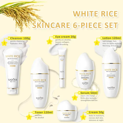 Vista 3 de FOR SADOER Rice Niacinamide Skincare Set – Kit de 6 piezas de cuidado de la piel reafirmante con limpiador, tónico, loción, crema para los ojos