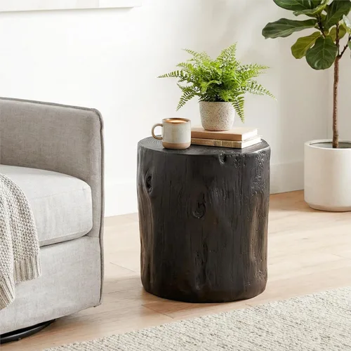 Vista 7 de HOMPUS Mesa auxiliar de hormigón para exteriores, mesa decorativa redonda moderna de tocón de árbol, soporte para maceta, taburete de jardín