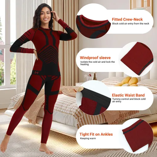 Vista 3 de MEETWEE - Ropa interior térmica para mujer, conjunto de primera capa de compresión para invierno, pantalones largos forrados de forro polar