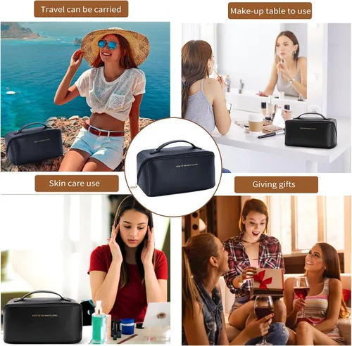 Vista 7 de 3 bolsas de maquillaje de viaje portátiles de gran capacidad para mujeres, estuche organizador de maquillaje plano abierto, bolsa organizadora