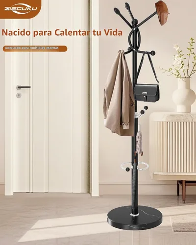Vista 8 de Perchero de metal con base de mármol natural, perchero con 12 ganchos y soporte para paraguas, perchero moderno negro, perchero para colgar abrigos