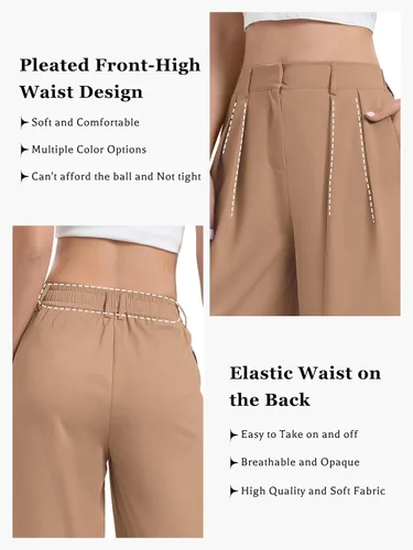 Vista 5 de NIeyook Pantalones de pierna ancha para mujer, pantalones elásticos de cintura alta, pantalones casuales de trabajo de negocios con bolsillos