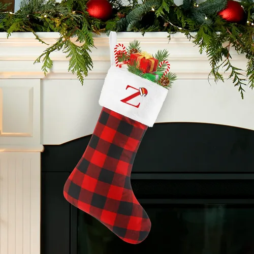 Vista 3 de Senneny - Medias de Navidad con iniciales, 20" grandes rojas y negras a cuadros de búfalo, monograma, medias de Navidad con puño de felpa blanca