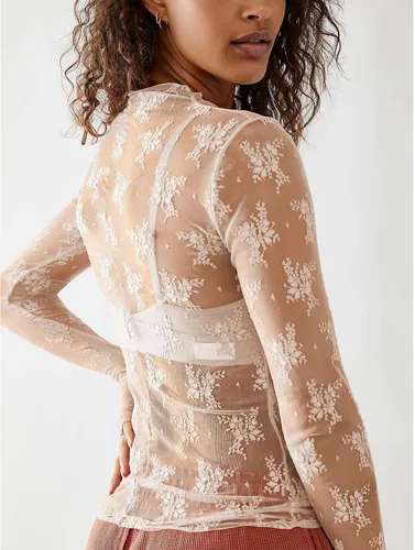 Vista 5 de Camiseta corta de manga larga con encaje y cuello alto para mujer, ajustada, ajustada