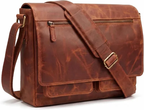 Vista 9 de VALENCHI Bolsa tipo mensajero de cuero de grano completo para laptop de 15.3 pulgadas para hombres y mujeres, compartimento acolchado para laptop
