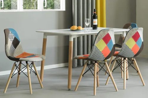 Vista 3 de Silla de comedor moderna de mediados de siglo tapizada de plástico multicolor Patchwork DSW Shell con patas Eiffel de clavija de madera