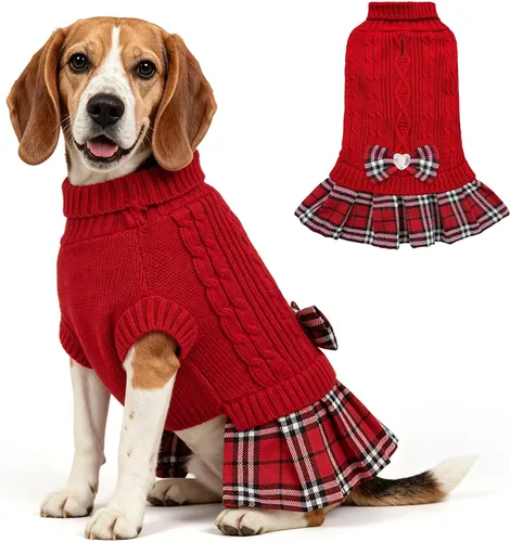 Vista 22 de WOYYHO Vestido de suéter para perro pequeño con corbatín, ropa de perro de Rosa polvoriento