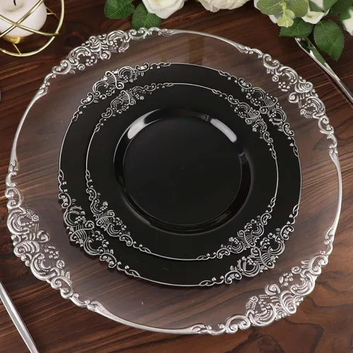 Vista 42 de Efavormart - Paquete de 10 platos de postre barrocos negros y dorados de 8 pulgadas, platos de aperitivo resistentes con borde metálico en relieve