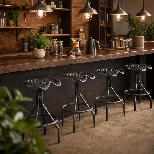 Vista 7 de Asiento de tractor de metal industrial, taburetes de bar de hierro fundido, taburetes de altura de mostrador, taburetes giratorios de cocina, juego