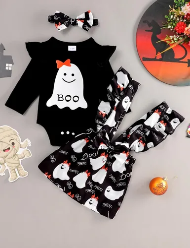 Vista 2 de Conjunto de ropa de Halloween para recién nacido, con volantes, tirantes, calabaza, murciélago, fantasma, falda con diadema