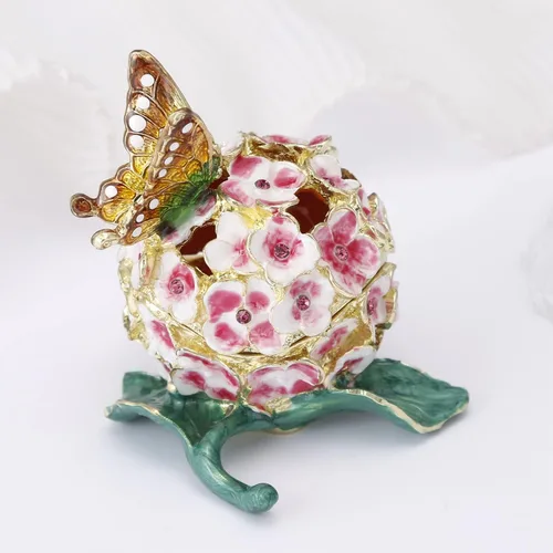 Vista 5 de Caja de joyería de flores de hortensias pintada a mano, joyero esmaltado con bisagras, organizador único de joyas de mini anillos, almacenamiento