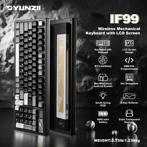 Vista 2 de YUNZII IF99 Teclado mecánico inalámbrico para juegos con pantalla LCD inteligente, QMKVIA BT2.4GUSB-C programable BT2.4GUSB-C montado en junta