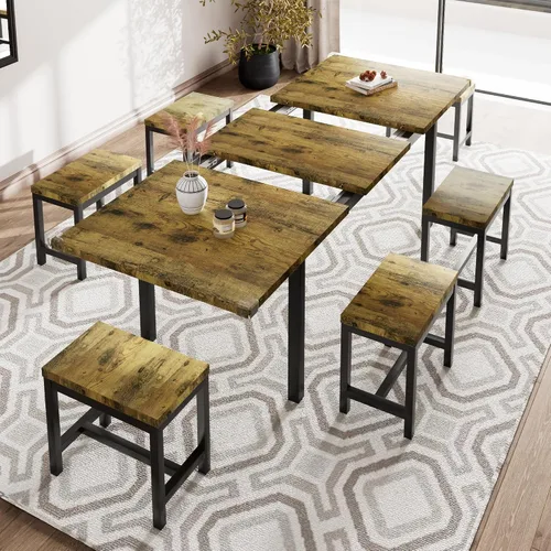 Vista 15 de iPormis Juego de mesa de comedor extensible de 7 piezas con 6 taburetes, juego de mesa de cocina de 63 pulgadas para 4 a 8 personas, mesa de comedor
