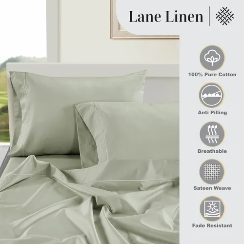 Vista 348 de LANE LINEN - Sábanas individual 100% algodón egipcio suave, cómodo y grueso de calidad de hotel, costuras reforzadas totalmente elásticas, sin