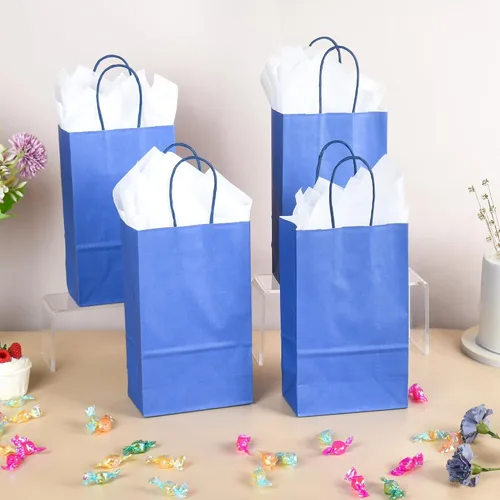 Vista 4 de DjinnGlory Paquete de 100 bolsas de regalo pequeñas de papel azul marino náutico con asas, juego a granel para graduaciones, pequeñas empresas
