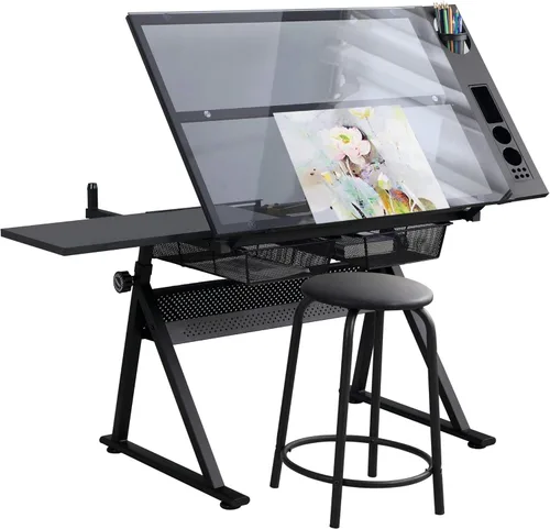 Mesa de dibujo de dibujo de dibujo de altura ajustable, mesa de arte, manualidades, escritorio, mesa de vidrio inclinable, mesa de trabajo, mesa de