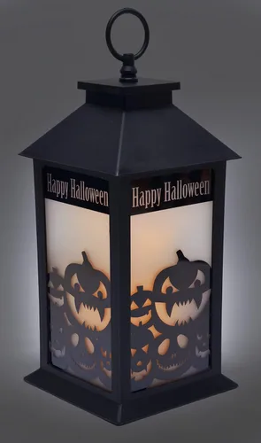 Vista 2 de Happy Halloween Pumpkins - Linterna LED parpadeante sin llama, 13 pulgadas, color negro