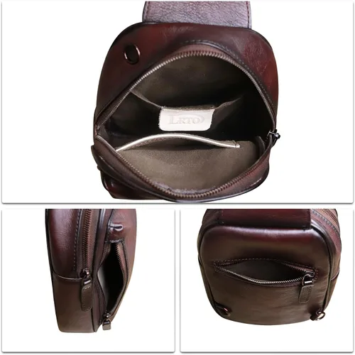Vista 7 de LRTO Bolso bandolera pequeño de cuero genuino para mujeres y hombres, bolsa cruzada para el pecho, mochila para senderismo, deportes, viajes