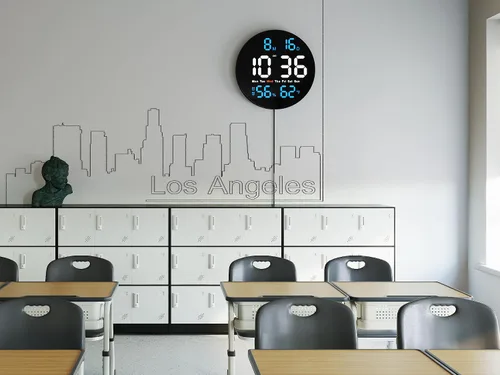 Vista 2 de Reloj digital grande para aula, relojes digitales para profesores, reloj LED redondo de 10 pulgadas con pantalla grande, fecha, temporizador de Azul