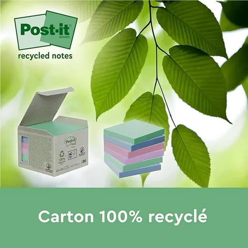 Vista 2 de Post-it Notas superadhesivas 100% recicladas, paquete de 3 blocs, 70 hojas por bloc, 1.874 in x 1.874 in, rosa, verde, azul, notas extra adhesivas