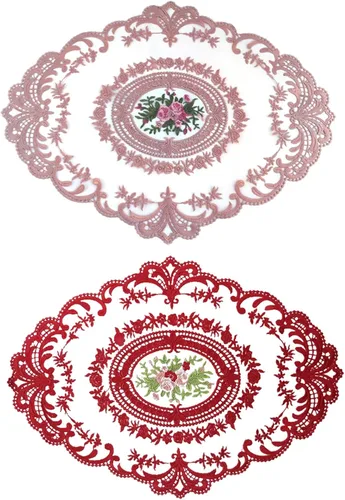 Vista 6 de Mantel para mesa auxiliar, manteles individuales de encaje, 2 piezas de malla ovalada bordada de flores de 16.5 x 12.2 pulgadas, manteles