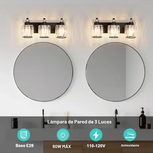 Vista 6 de Lámparas de baño negras con pantalla de cristal K9, iluminación de baño sobre espejo, luces de tocador para sala de estar, dormitorio, baño
