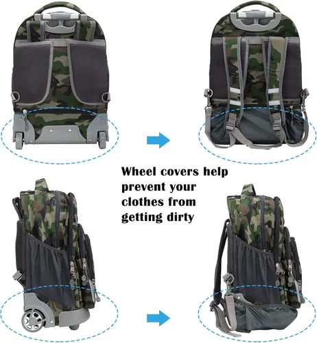 Vista 5 de WEISHENGDA Mochila con ruedas de 18 pulgadas para adultos y estudiantes escolares, libros de viaje cortos, bolsas de carrito para laptop, camuflaje