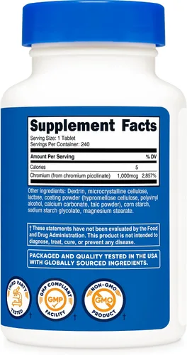 Vista 5 de Nutricost Cromo (1000mcg) 240 comprimidos - Sin gluten, sin OMG