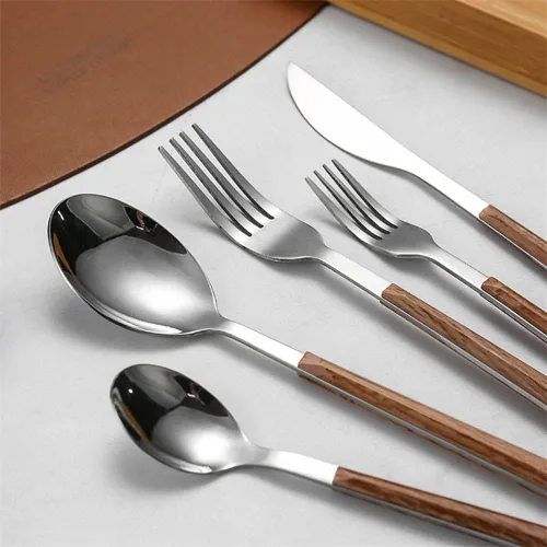 Vista 3 de Juego de cubiertos de madera para 6 cubiertos de acero inoxidable, mango de grano de madera, juego de cubiertos de 30 piezas, incluye cuchillos