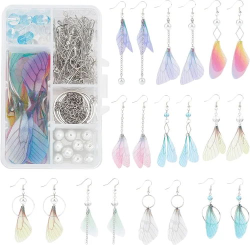 Vista 8 de SUNNYCLUE 1 caja de bricolaje 10 pares de dijes de alas de mariposa de hada, kits de fabricación de aretes de tela de organza, dijes de mariposas
