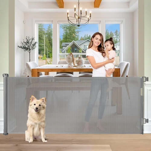 Vista 12 de Puertas retráctiles para bebés para puertas, puerta retráctil para perros de 55 pulgadas de ancho para escaleras, puertas de malla para perros