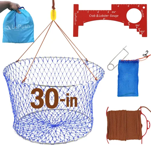 Vista 10 de Stainless Collapsible Crab Net with 100ft Rope, Bait Bag, Clip & Ruler – 6 Pieces Portable Crab Trap for Easy Storage – Durable Grid Design for Dock