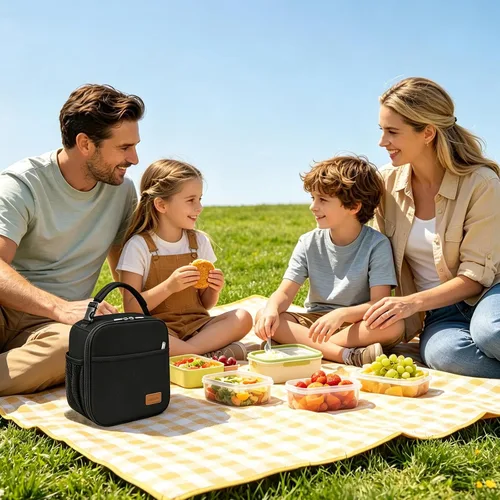 Vista 7 de Femuar Lonchera para hombres, mujeres y adultos, lonchera pequeña para el trabajo, picnic, bolsa de almuerzo reutilizable, bolsa de almuerzo Negro