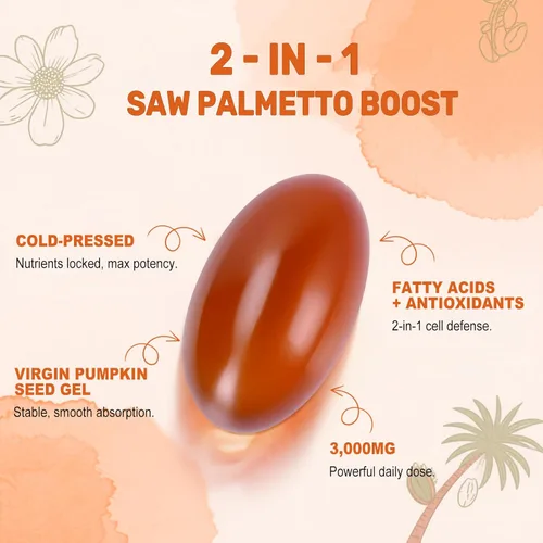 Vista 3 de Aceite de semilla de calabaza con extracto de palmito en cápsulas blandas, 3000 mg por porción, 300/600 cápsulas blandas Prensado en frío